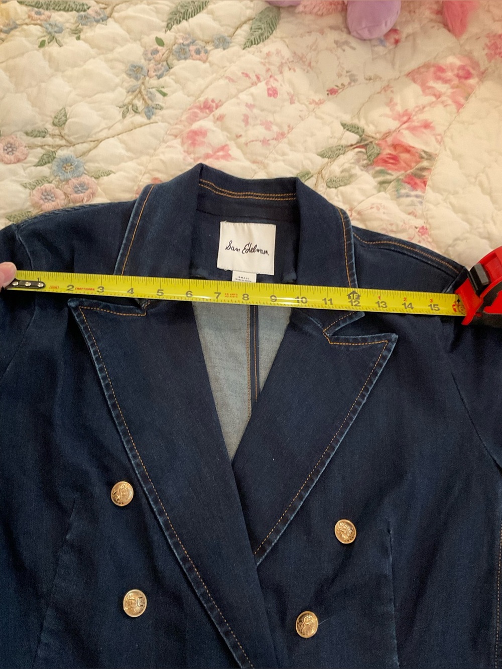 Sam Edelman Imogen Double-Breasted Dark Denim Blazer with Gold Buttons - Picture 6 of 10